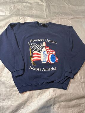 Vintage 90s Bowlers United Sweatshirt Large Navy Blue USA Made King Louie Bowlin